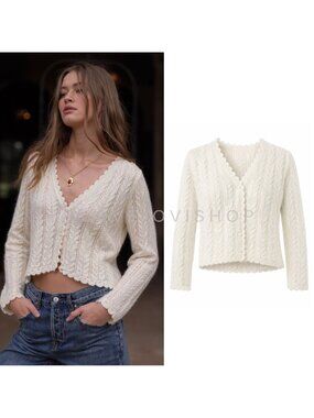 Sweater | House of Harlow Cashmere Scalloped Cropped Cardigan Ivory | Feminine M